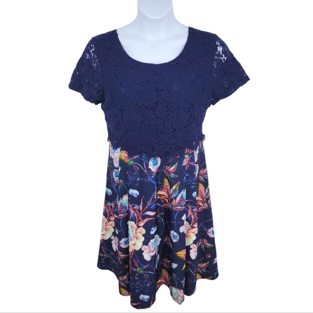 MIUSOL Womens Navy Floral Lace Sleeve Dress Plus Size XXL